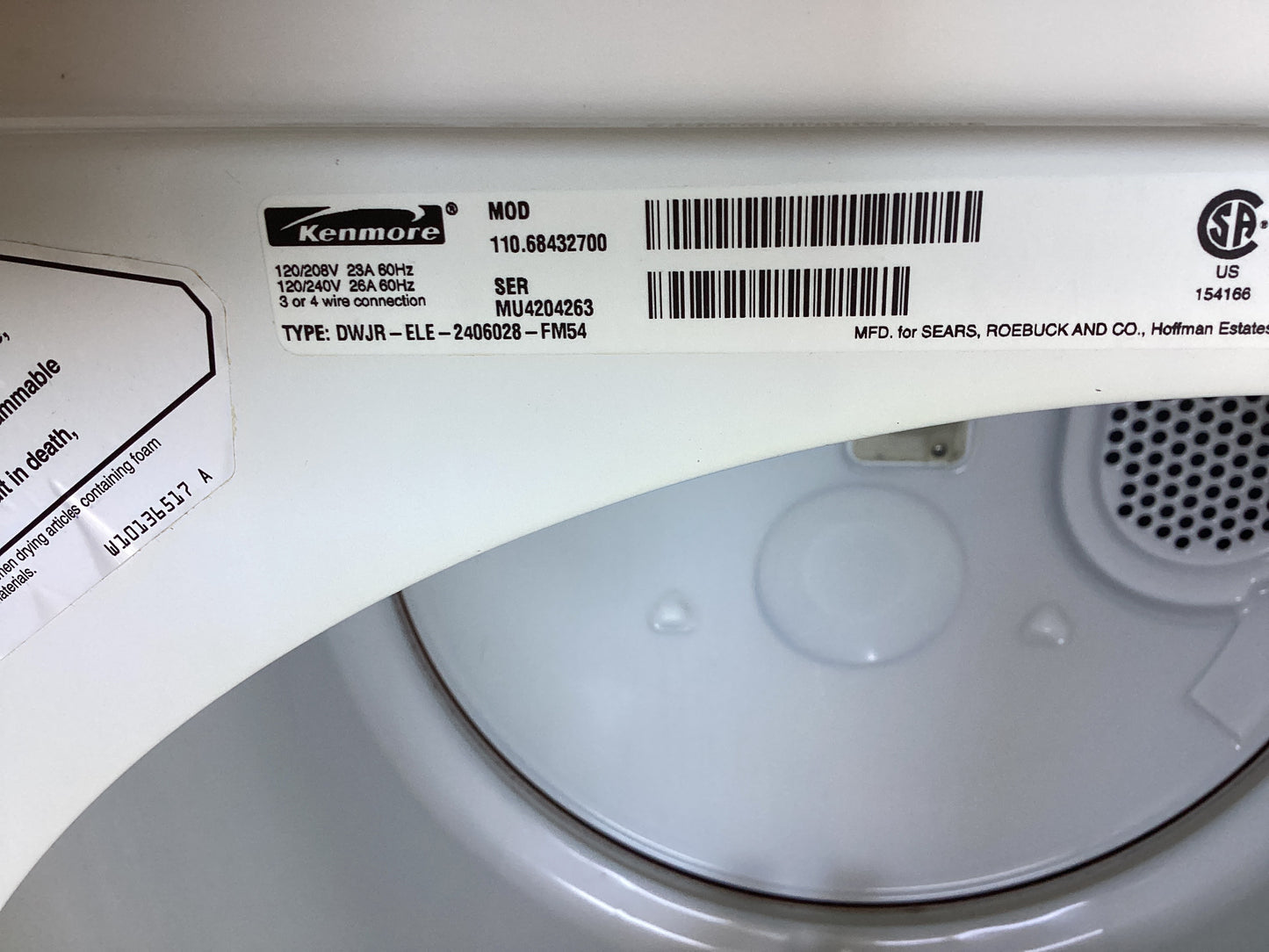 *DEW-4263. KENMORE 400 ELECTRIC DRYER